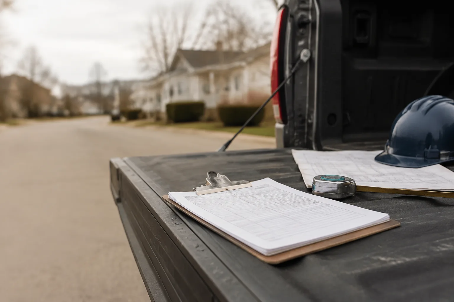 A clipboard with a placement agreement, a tape measure and a folded fleet spec sheet on a truck tailgate