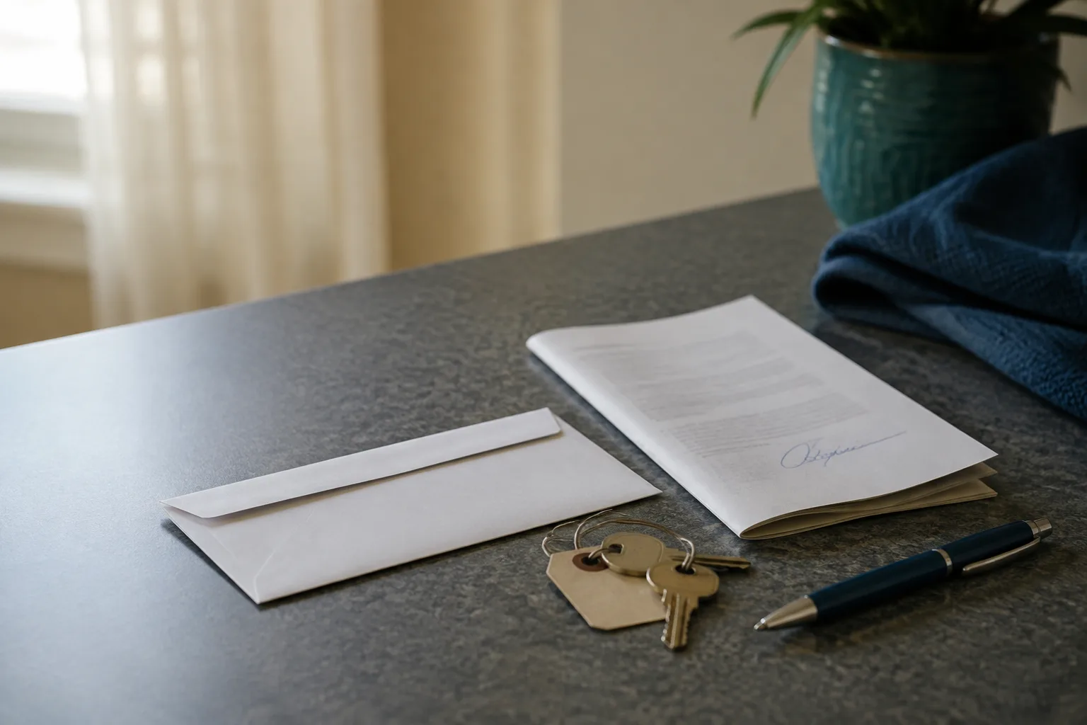 An envelope, a signed lease folded in thirds and a set of apartment keys on a counter