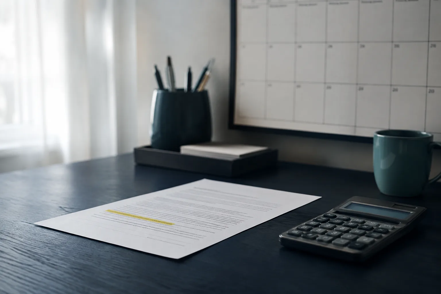 A declarations page on a desk with a wall calendar behind it showing two years of months