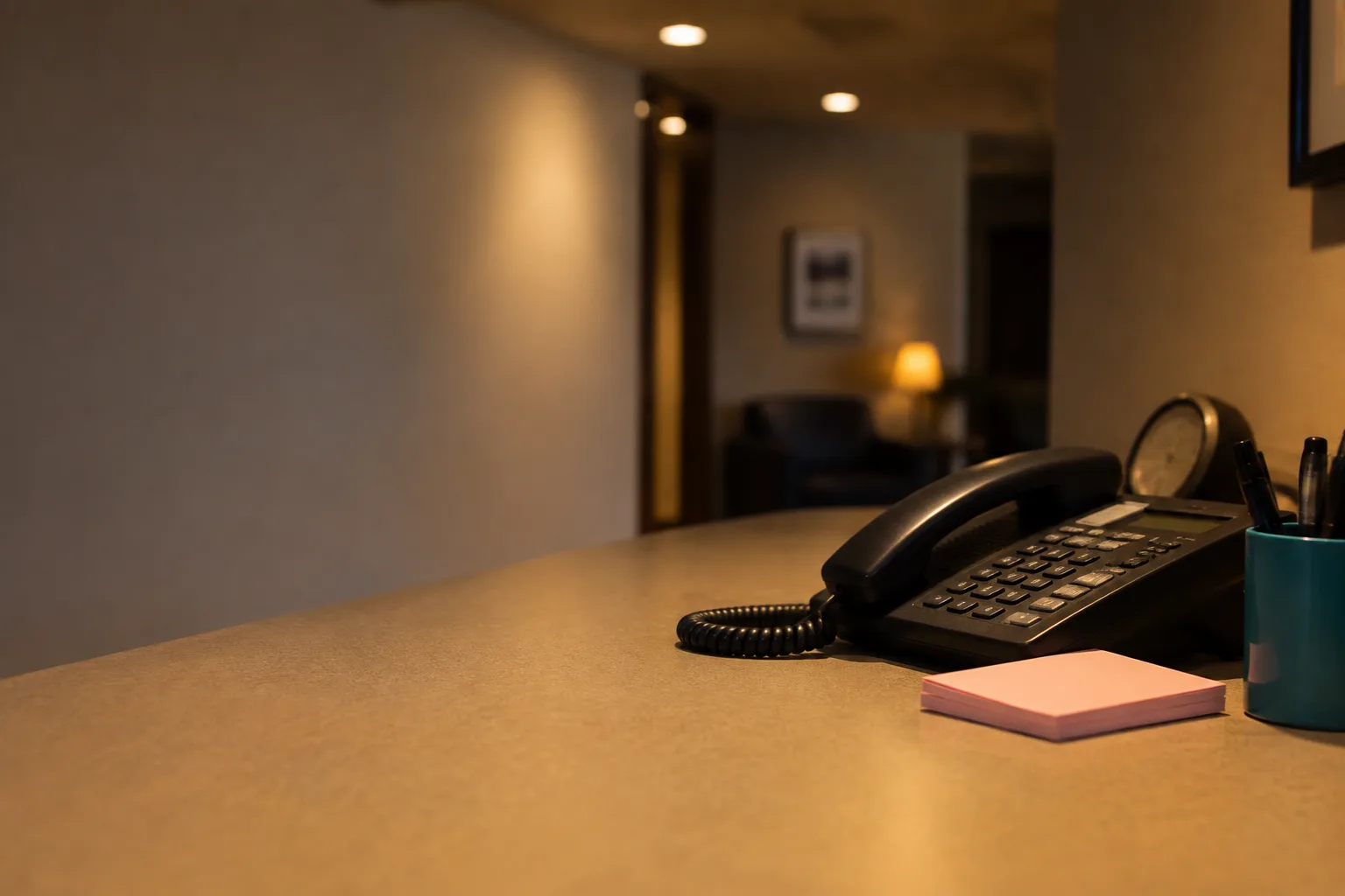 A landline phone and a pad of message slips on a reception counter, warm light