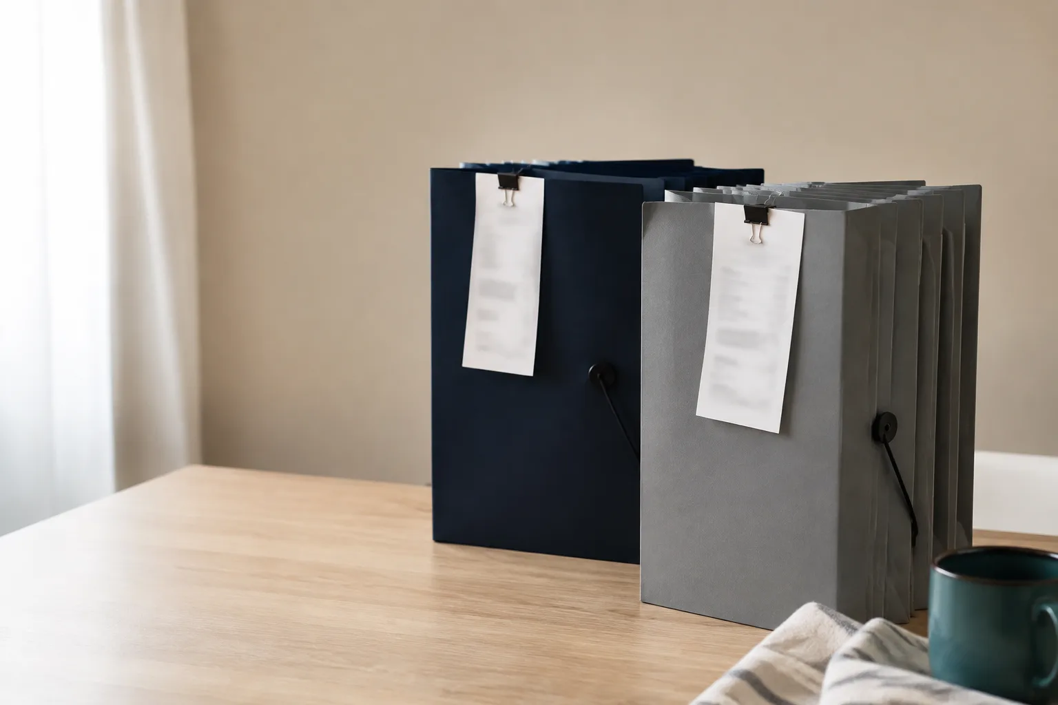 Two identical accordion folders side by side on a table, one navy and one grey, each with a receipt clipped to the front