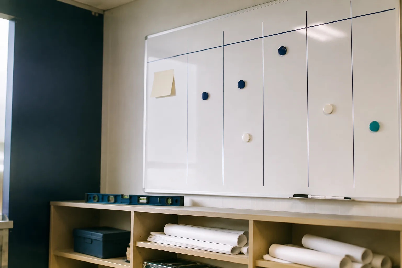 A contractor's whiteboard schedule with magnets and a housing note pinned at the first week