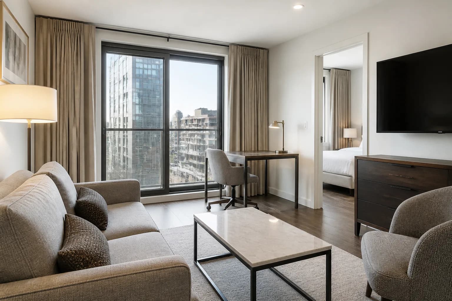 Bright furnished apartment living room ready for multi-week temporary housing