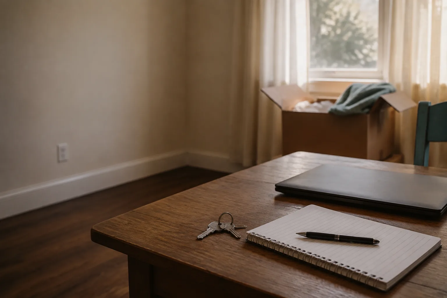 A kitchen table with a laptop, a notepad and a set of house keys, late afternoon