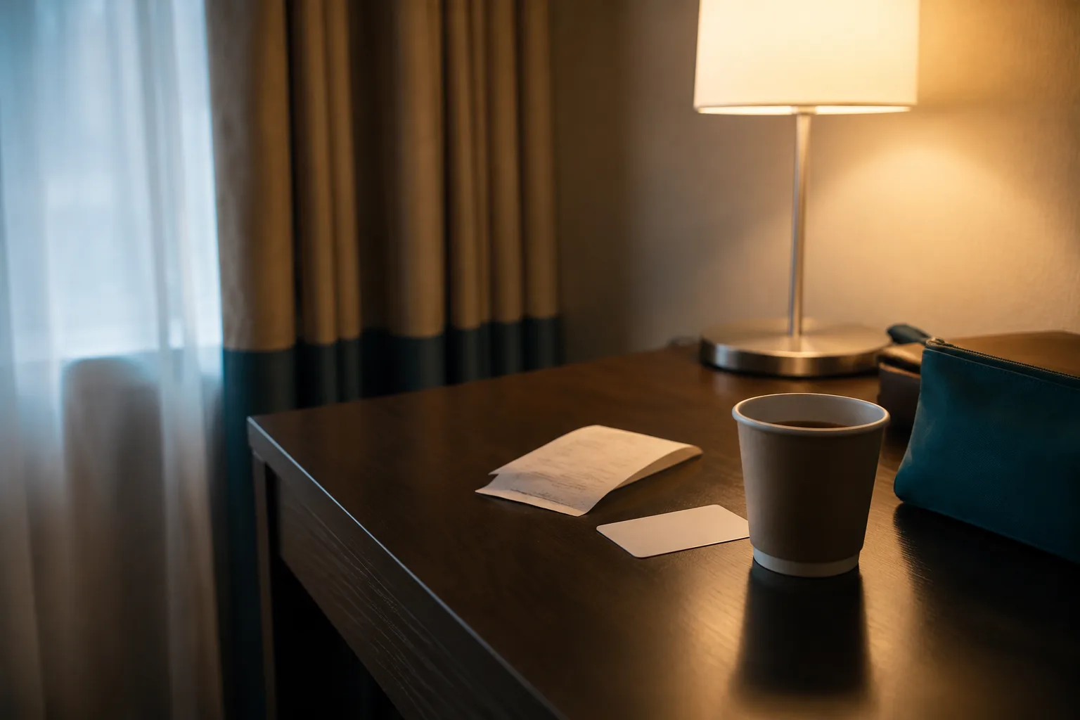 A hotel room desk with a folded folio, a room key card and a takeaway coffee cup