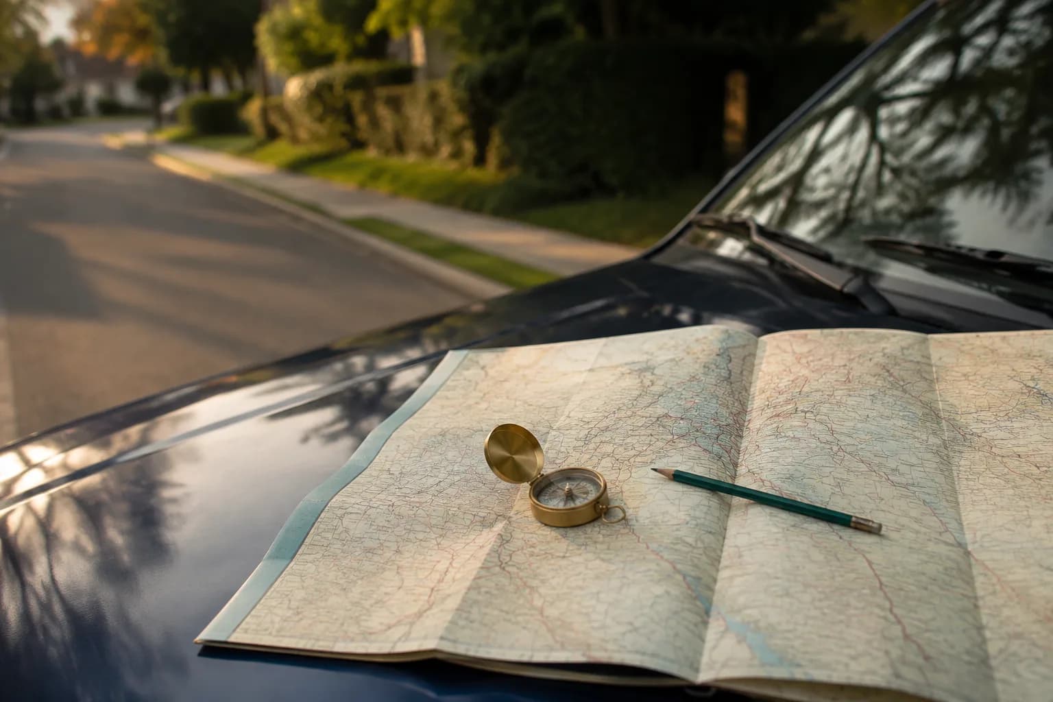 A paper road atlas open on a car hood with a compass and a pencil