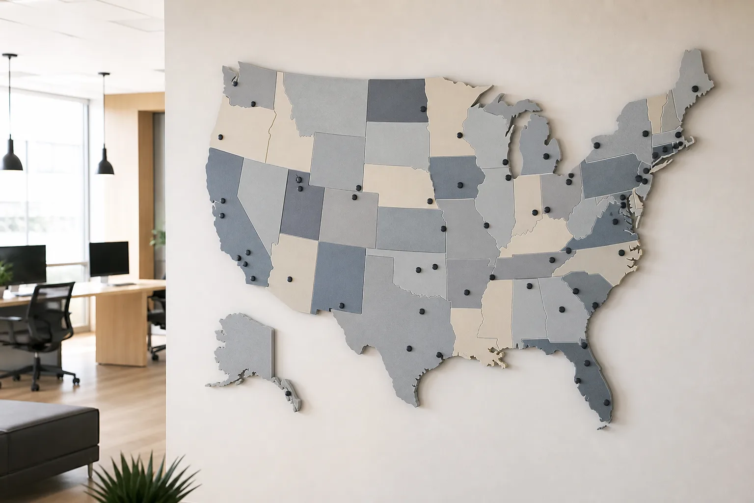 United States map motif for TempHome Finder state and metro temporary housing desks