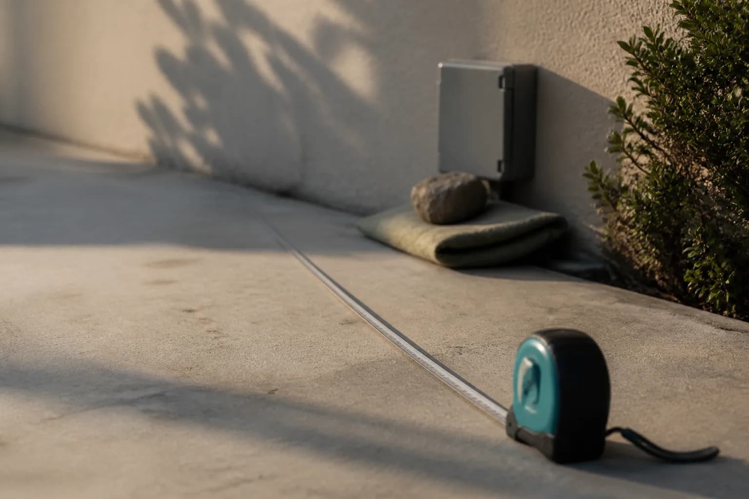 A tape measure stretched across a concrete driveway with a receptacle box and a folded permit form at the end