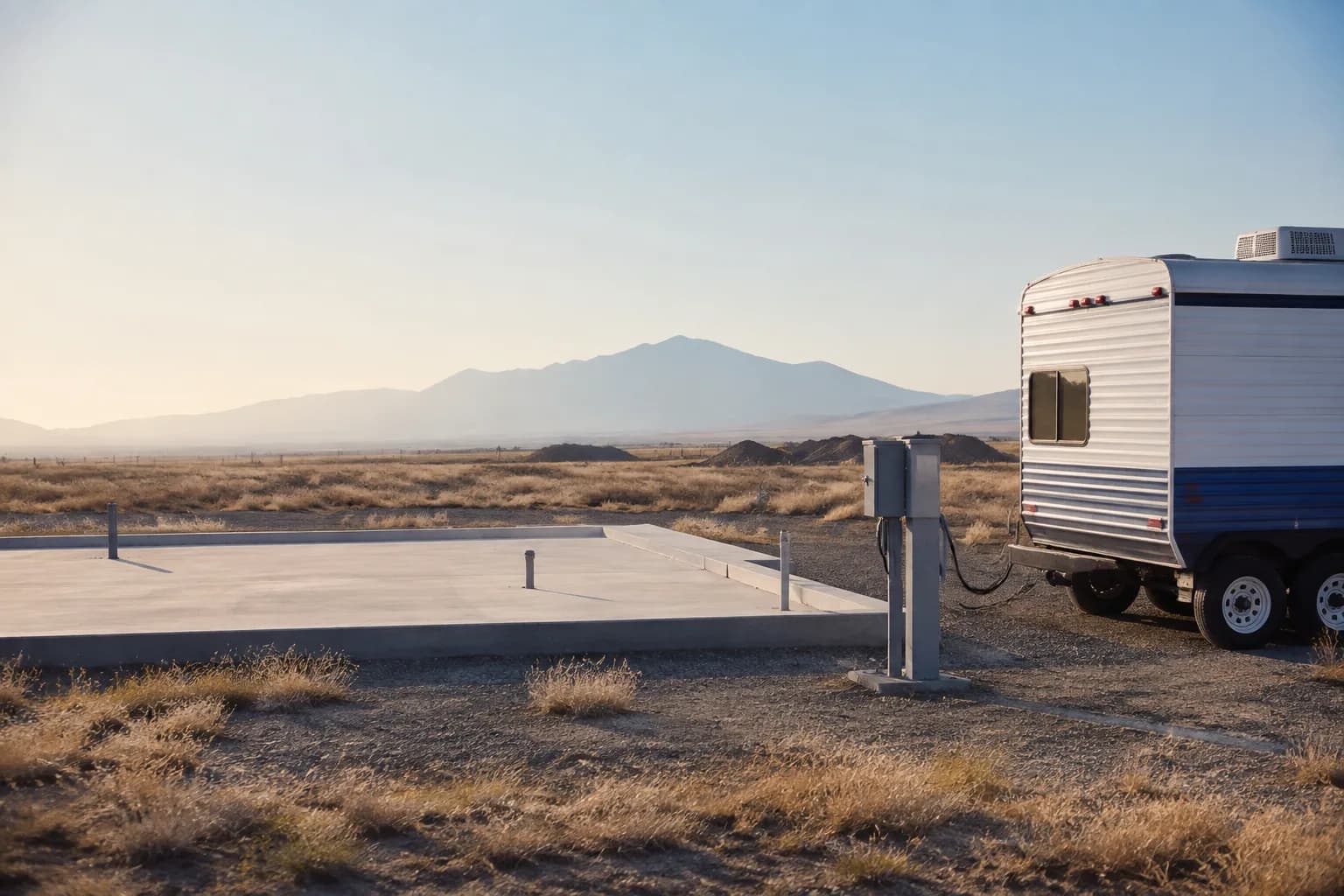 A cleared residential lot with a temporary power pedestal and a parked trailer near Denver