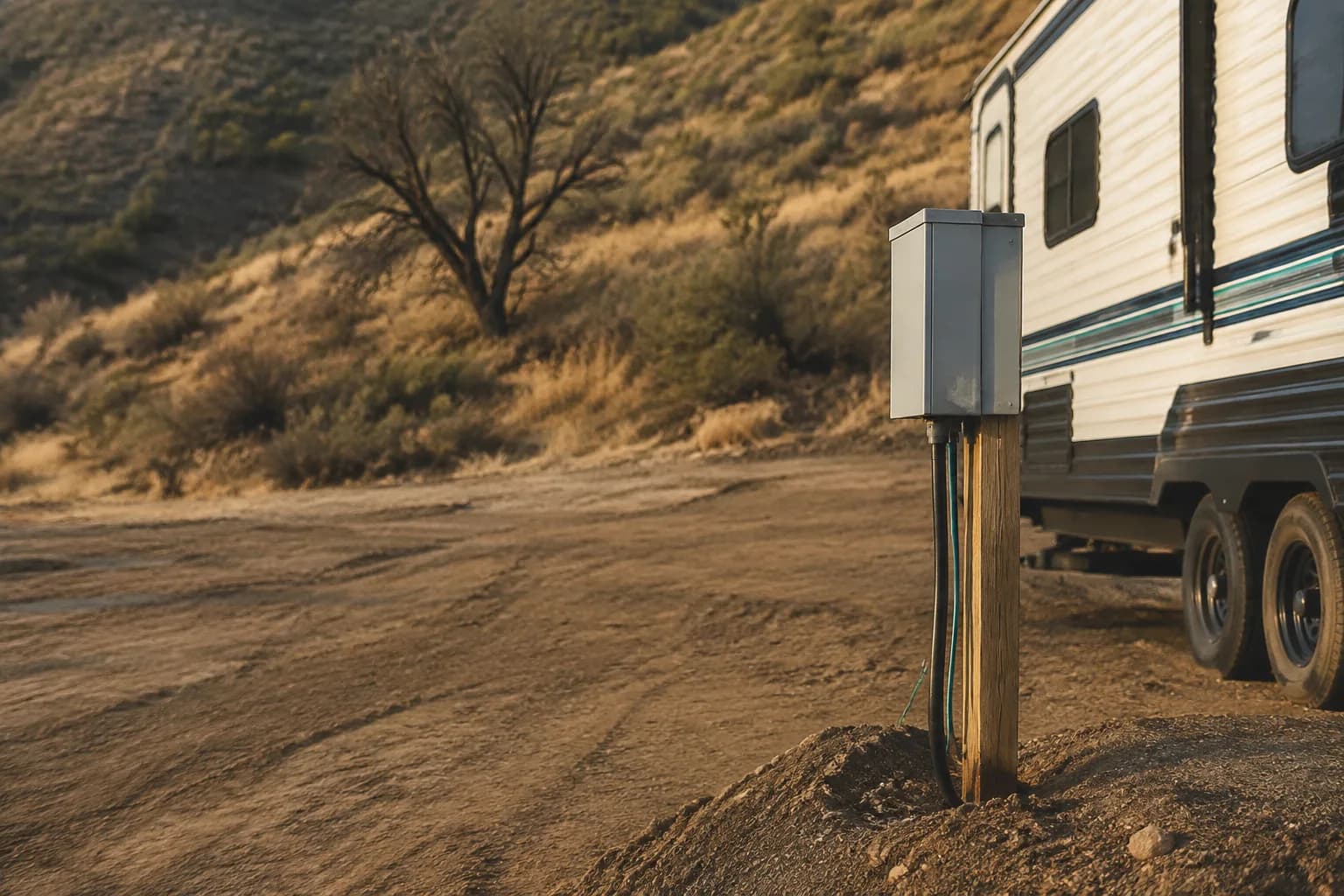 A cleared residential lot with a temporary power pedestal and a parked trailer near Los Angeles