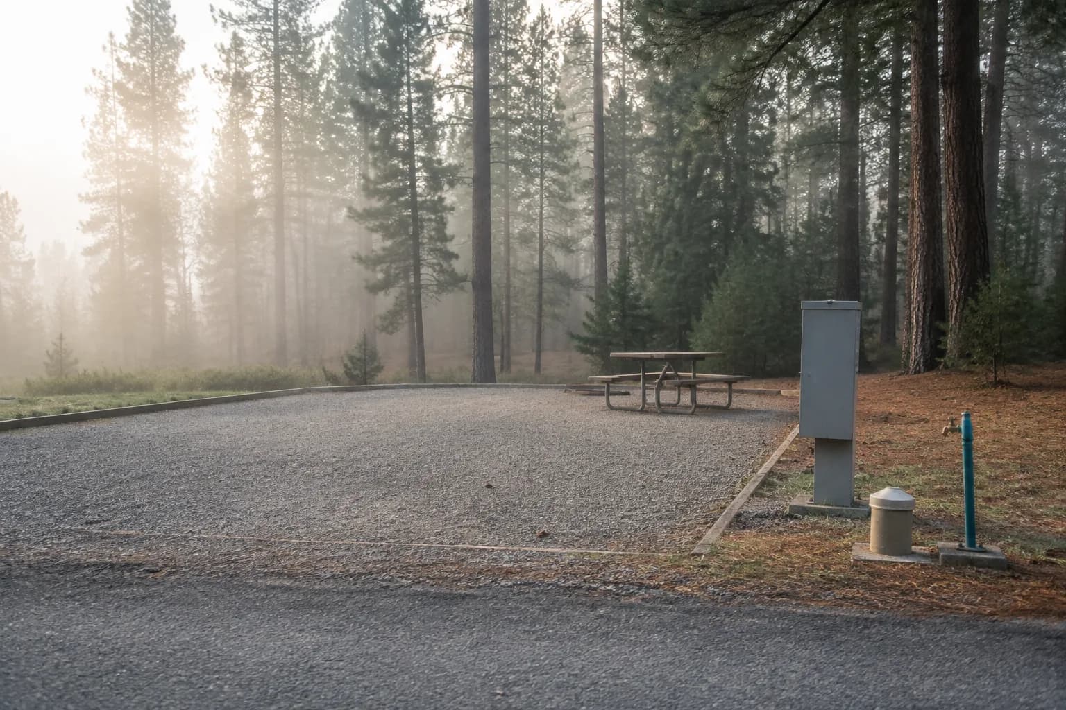 RV park pad with a sewer connection, water spigot and pedestal, and a printed park rule sheet