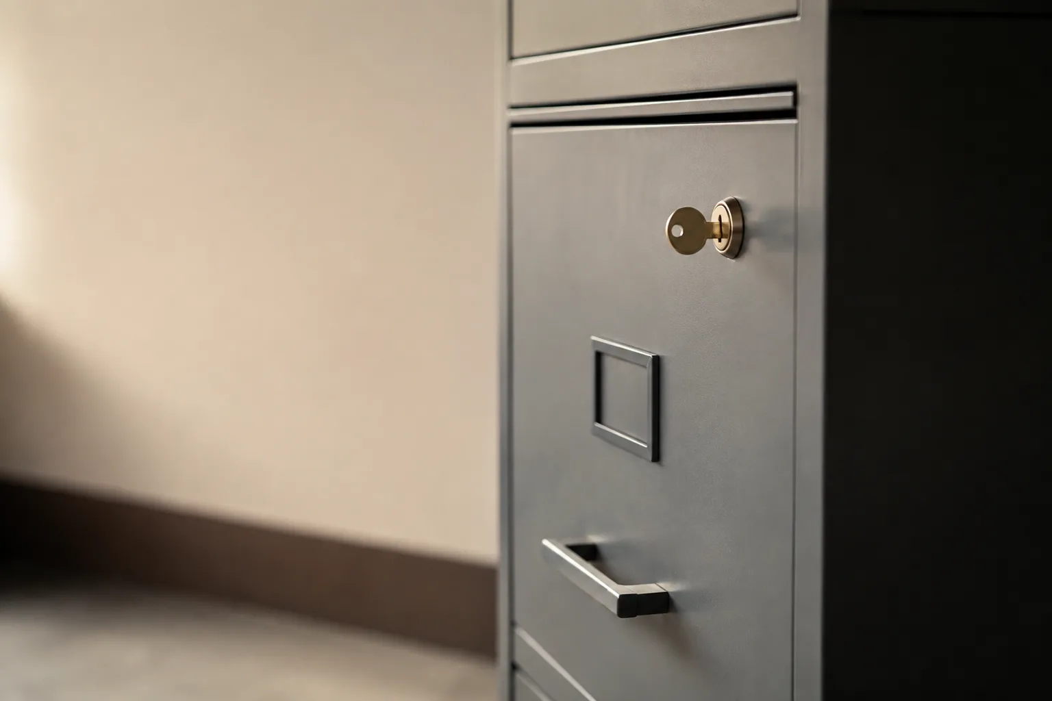 A closed filing cabinet drawer with a small brass key in the lock