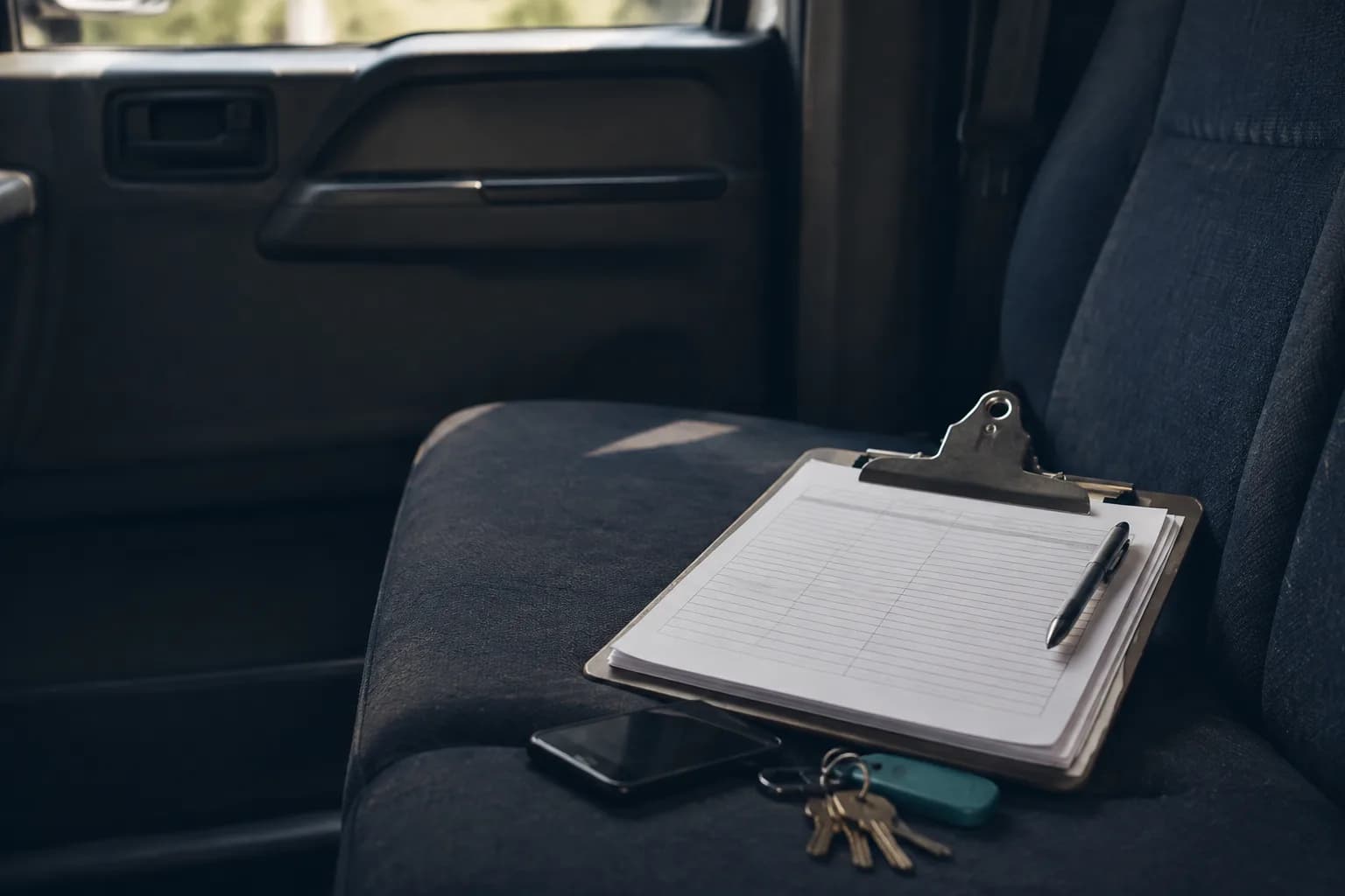 A clipboard with a blank application form and a pen on a truck seat