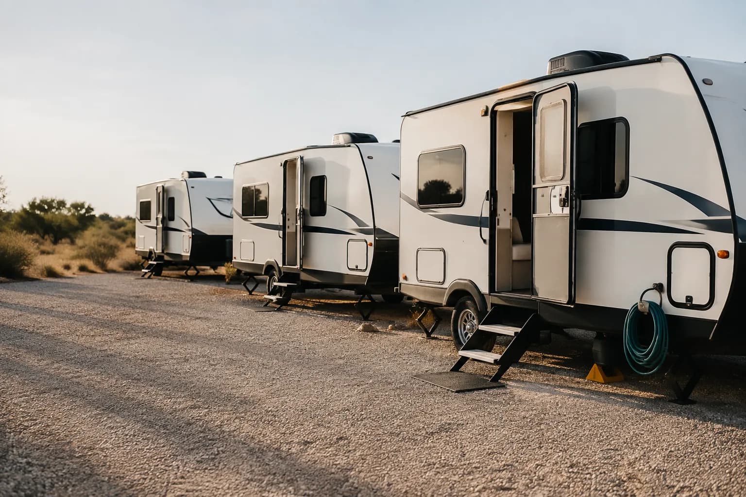 A row of three identical trailers on a gravel yard, one with its door open, morning