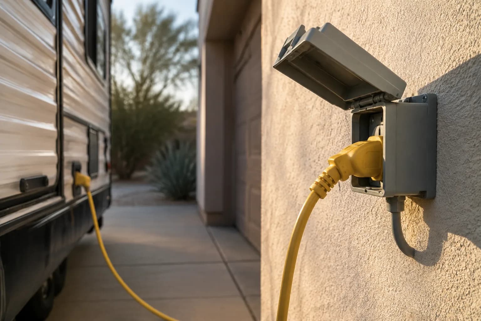 A grey outdoor receptacle box on a garage wall with a yellow cord plugged in, trailer edge visible