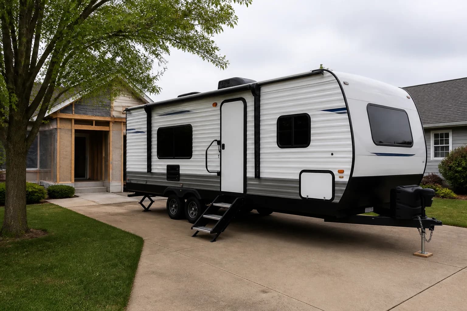 Long-term RV parked on a residential lot as temporary housing during rebuild