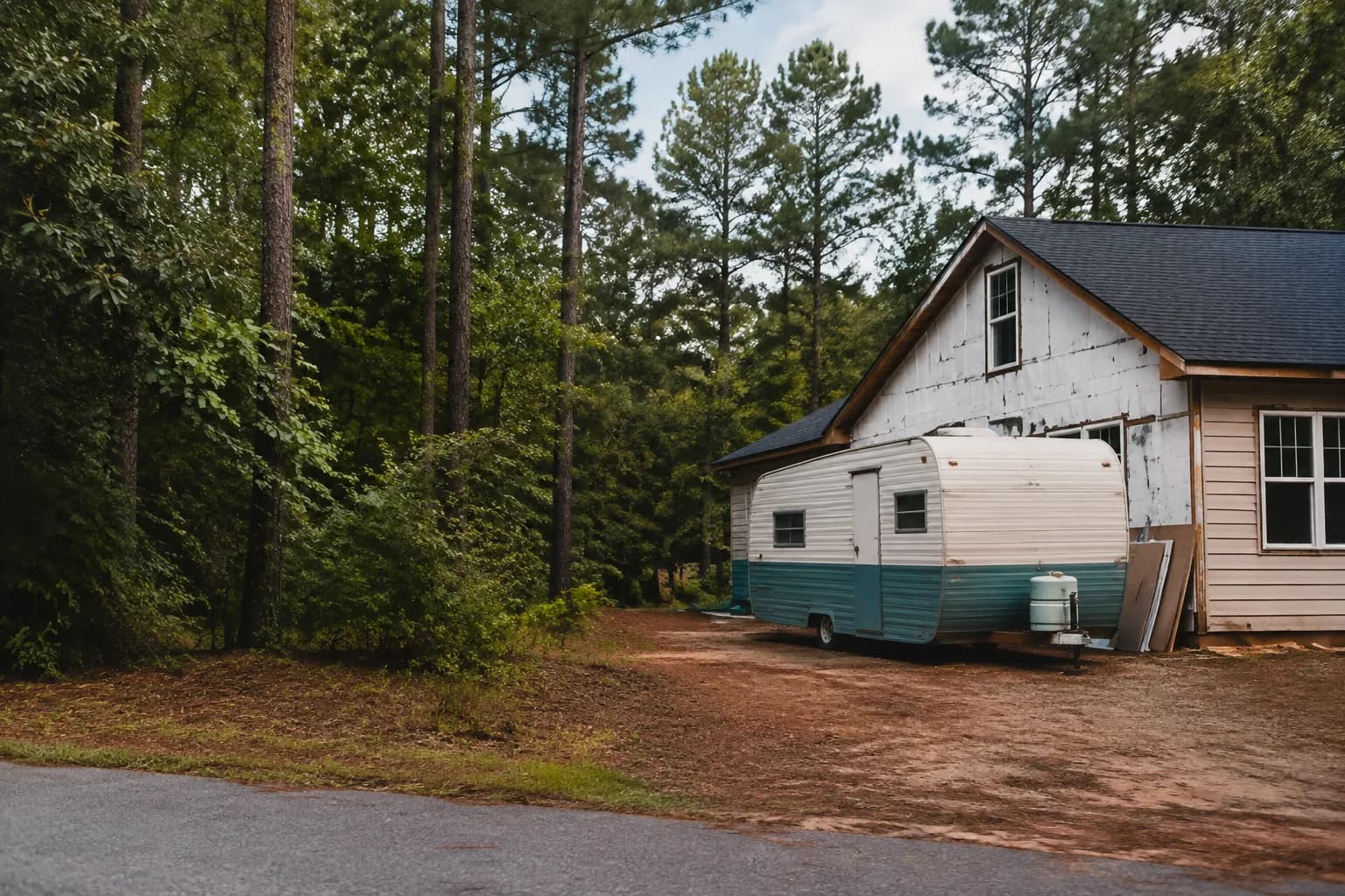 A residential driveway with a travel trailer in regional terrain, no landmarks