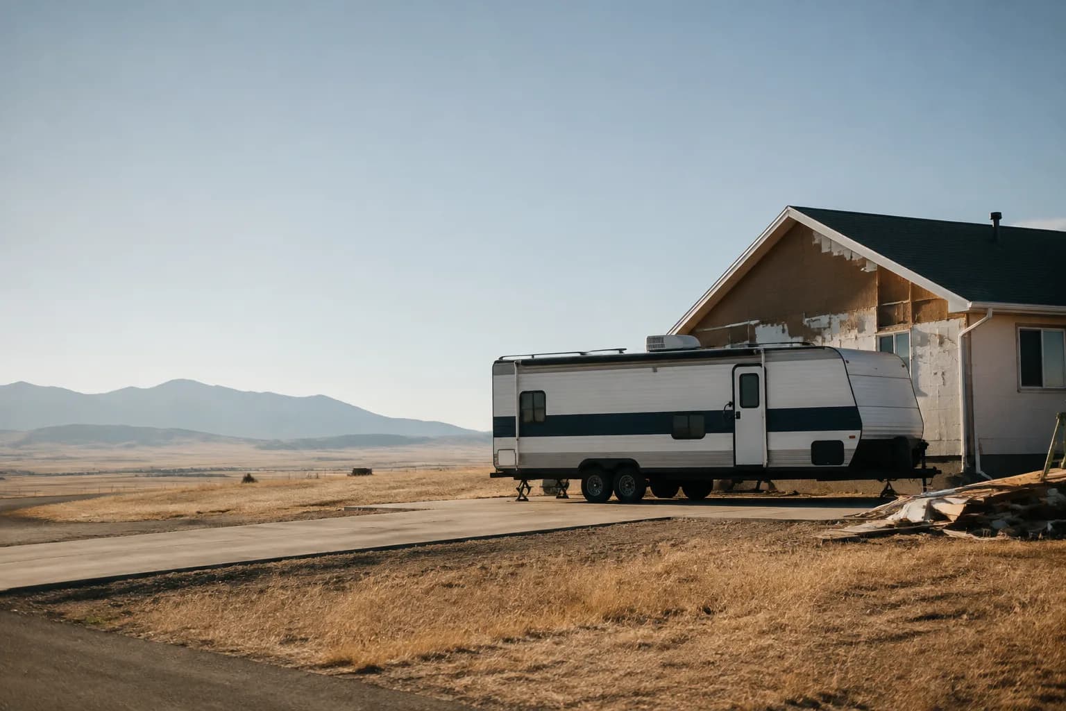 A residential driveway with a travel trailer in Colorado terrain, no landmarks