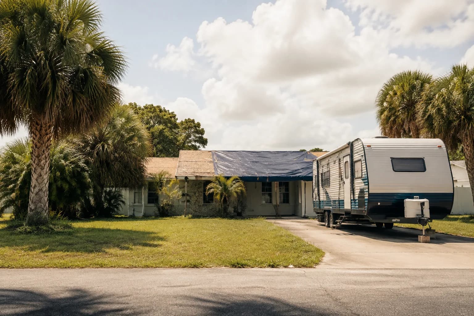 A residential driveway with a travel trailer in Florida terrain, no landmarks