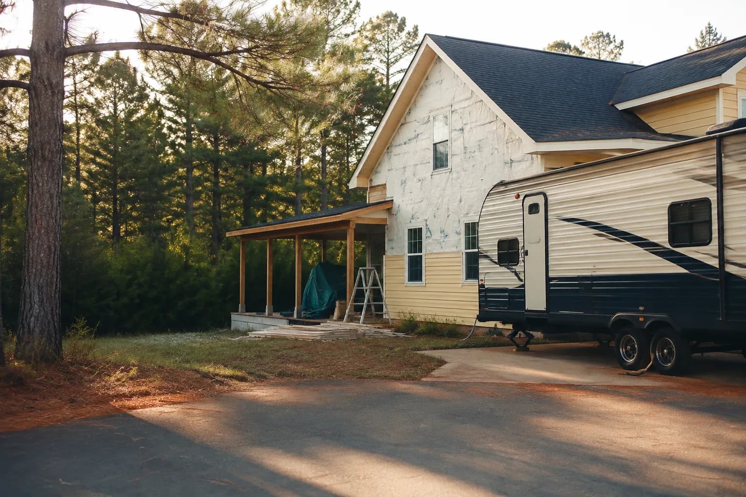 A residential driveway with a travel trailer in Georgia terrain, no landmarks