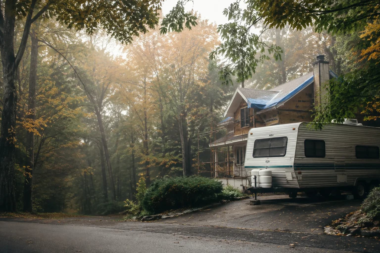 A residential driveway with a travel trailer in North Carolina terrain, no landmarks