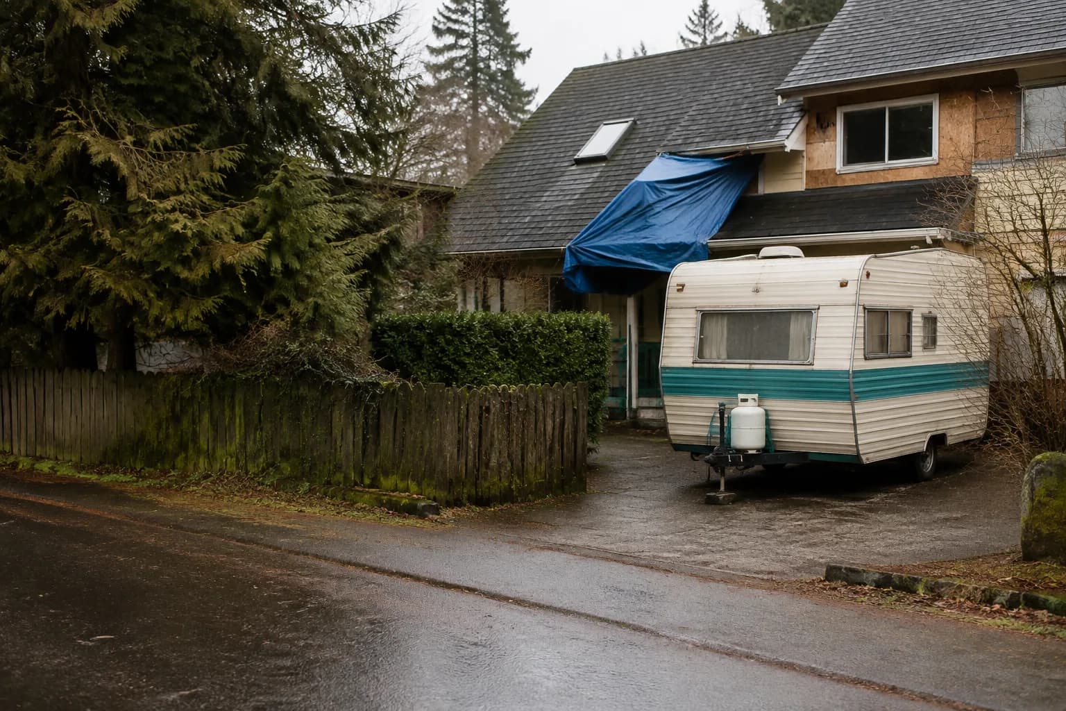 A residential driveway with a travel trailer in regional terrain, no landmarks