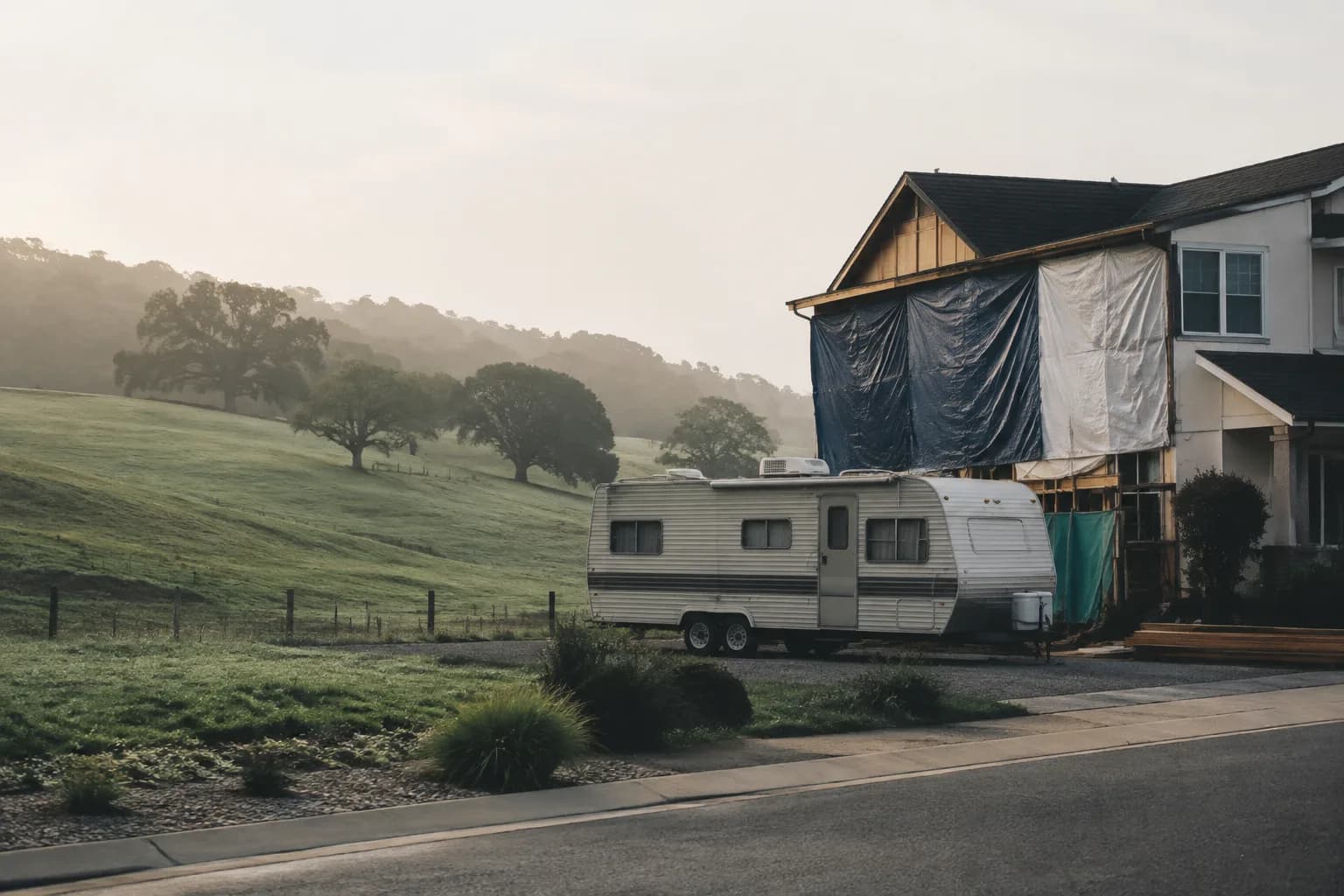 A residential driveway with a travel trailer in regional terrain, no landmarks