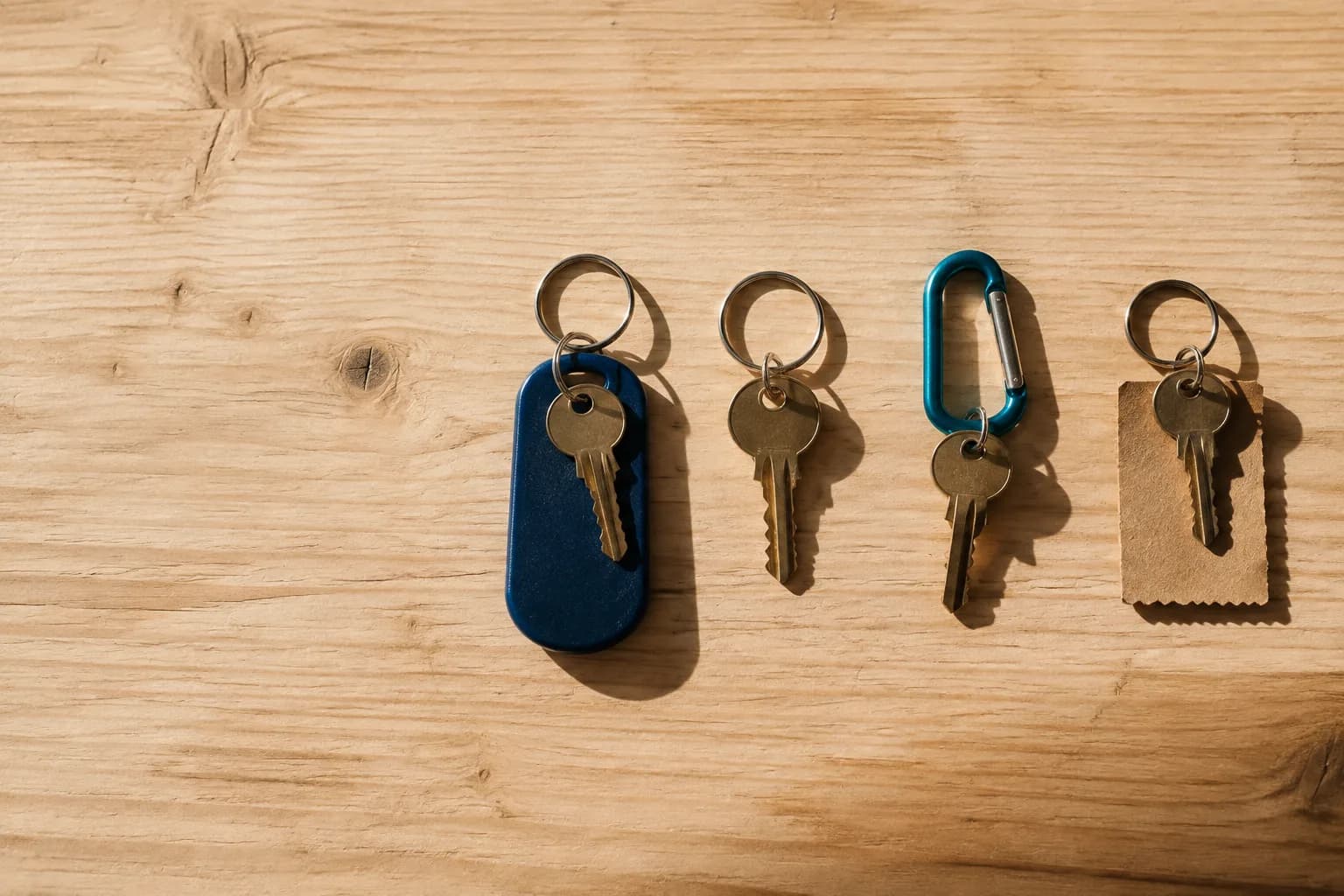 Four house keys on four different key rings laid in a row on a wooden board