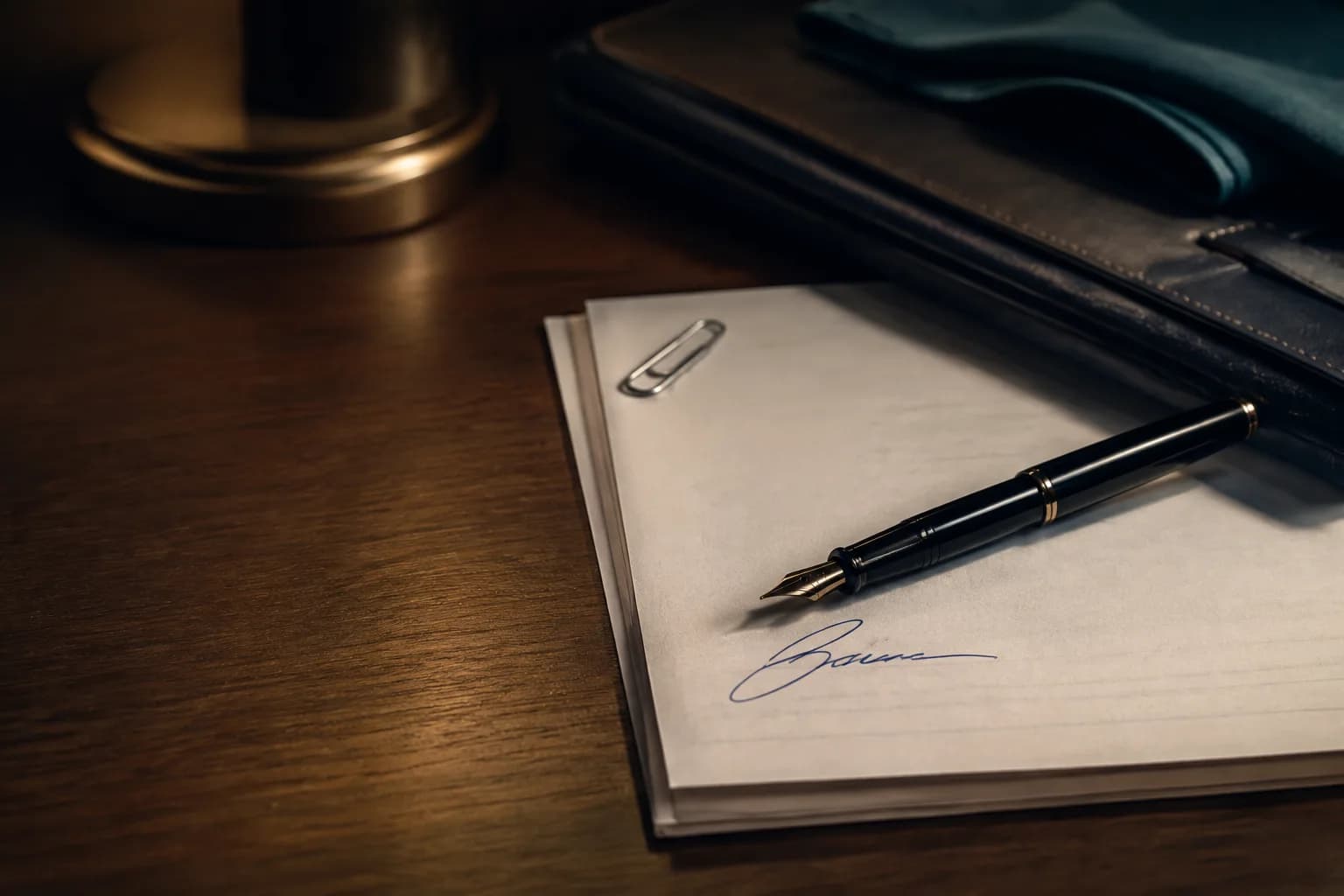 A fountain pen resting on a signed agreement, signature visible only as a shape