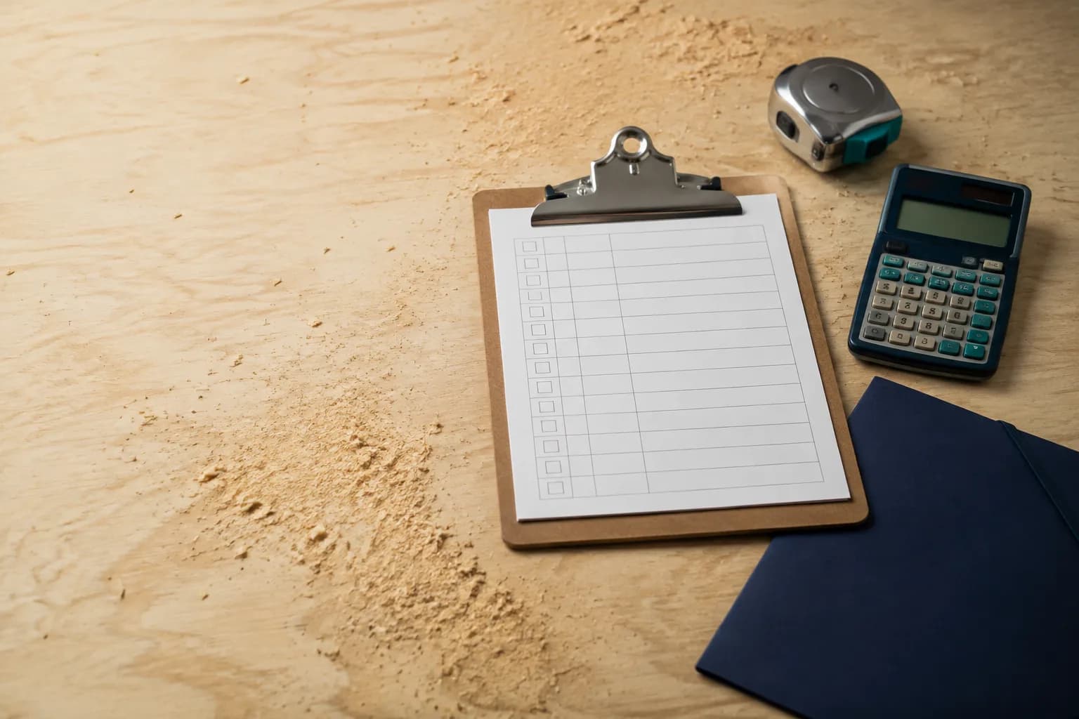 A clipboard, a tape measure, a calculator and a folder arranged on a workbench