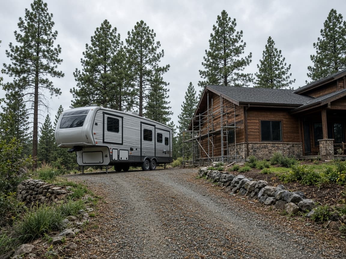 A residential driveway with a travel trailer in Butte County, California, no landmarks