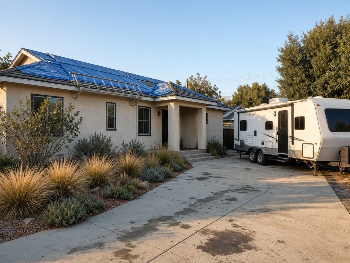 A residential driveway with a travel trailer in Los Angeles County, California, no landmarks