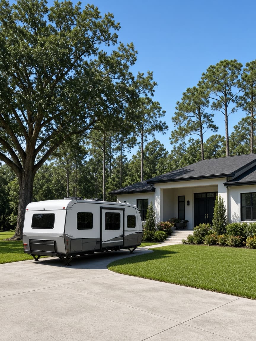 A residential driveway with a travel trailer in Clay County, Florida, no landmarks