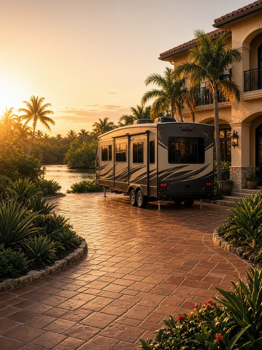A residential driveway with a travel trailer in Collier County, Florida, no landmarks