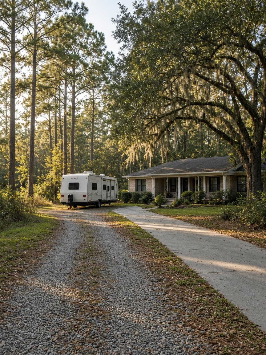 A residential driveway with a travel trailer in Columbia County, Florida, no landmarks