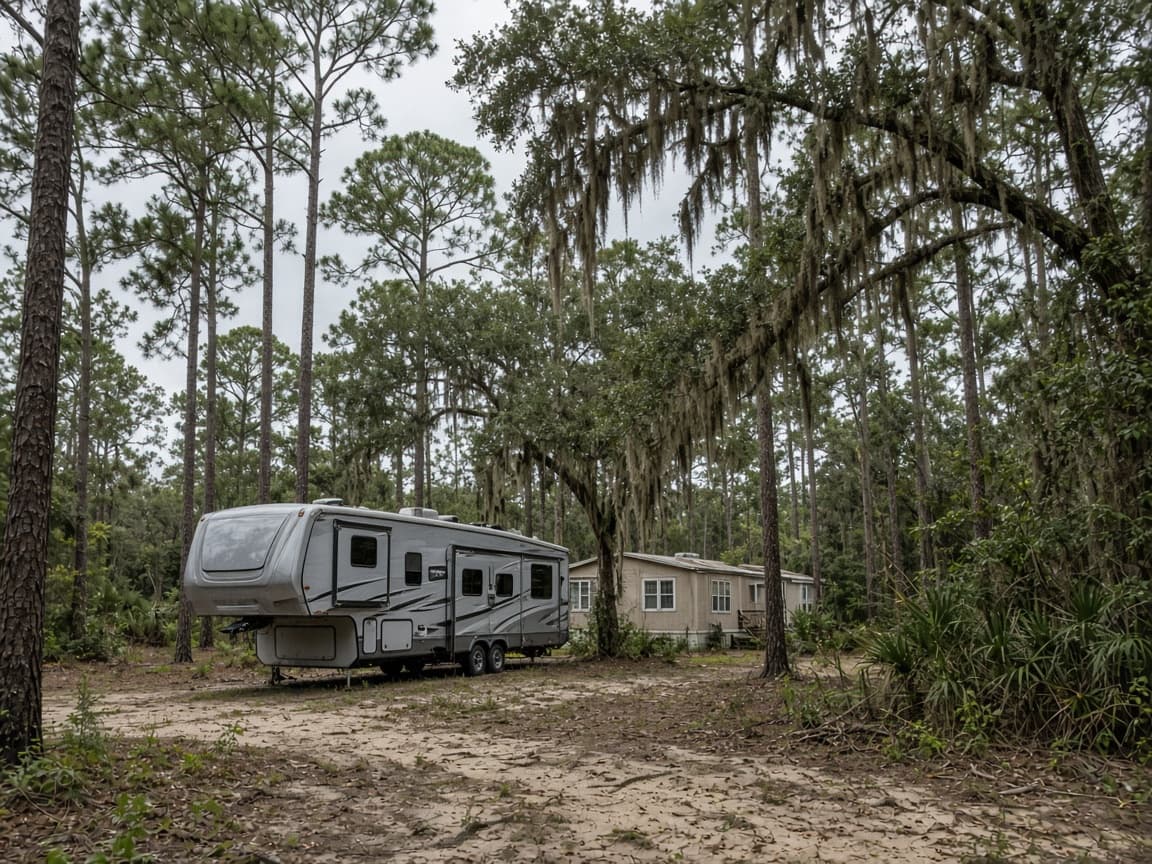 A residential driveway with a travel trailer in Dixie County, Florida, no landmarks