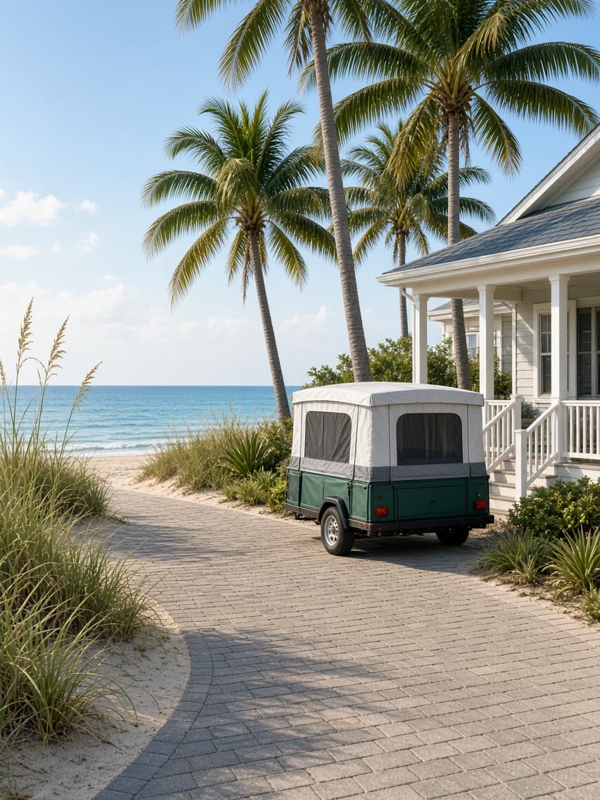 A residential driveway with a travel trailer in Flagler County, Florida, no landmarks