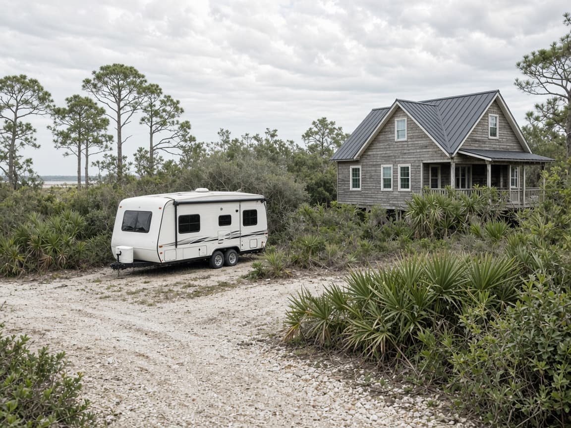 A residential driveway with a travel trailer in Franklin County, Florida, no landmarks