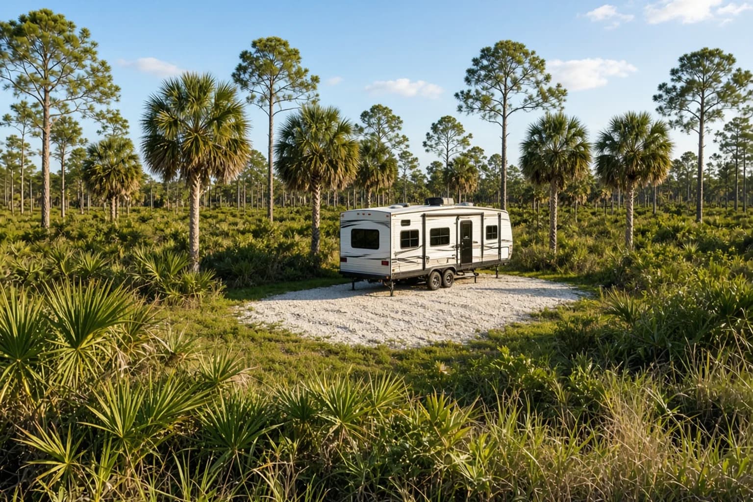 A residential driveway with a travel trailer in Glades County, Florida, no landmarks