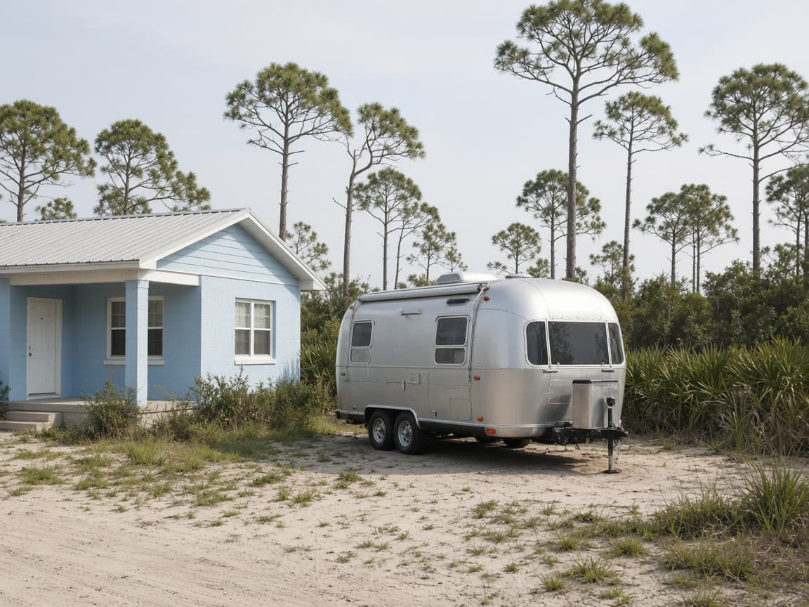 A residential driveway with a travel trailer in Gulf County, Florida, no landmarks