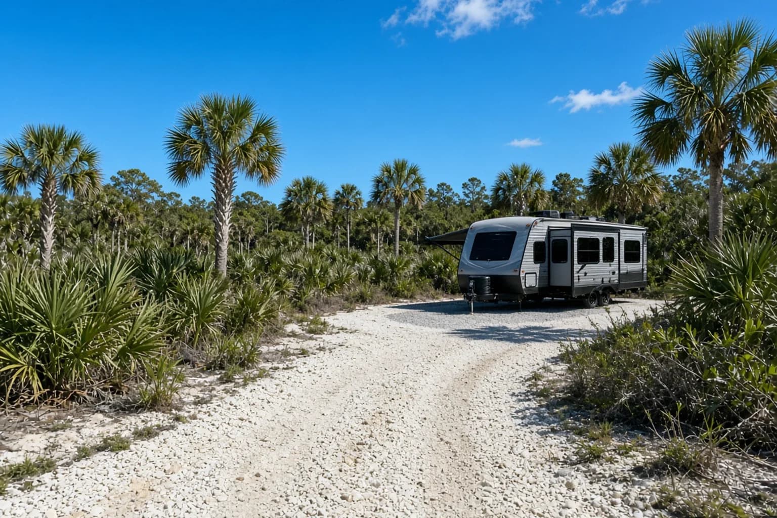 A residential driveway with a travel trailer in Hendry County, Florida, no landmarks