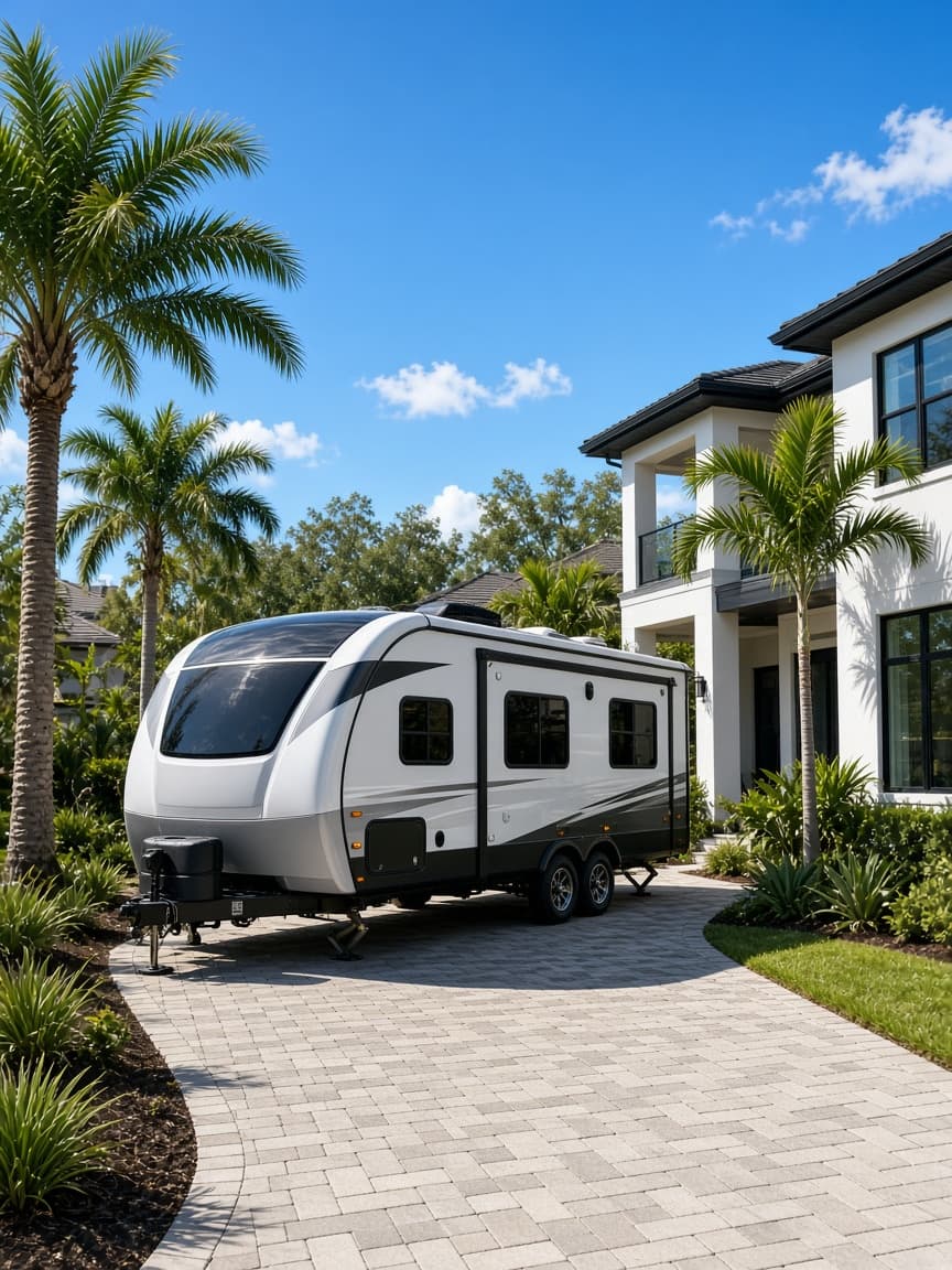 A residential driveway with a travel trailer in Hillsborough County, Florida, no landmarks