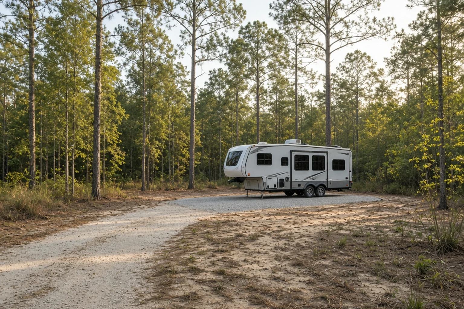 A residential driveway with a travel trailer in Jackson County, Florida, no landmarks