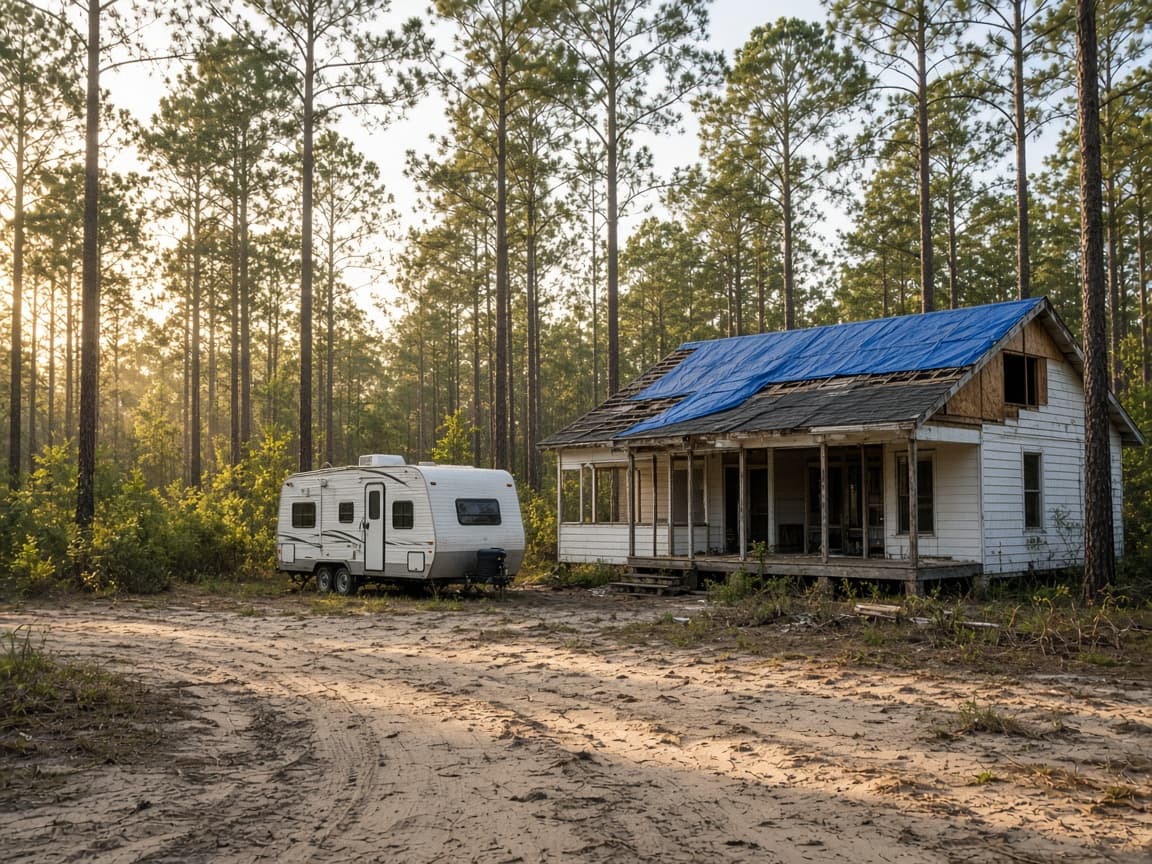 A residential driveway with a travel trailer in Lafayette County, Florida, no landmarks