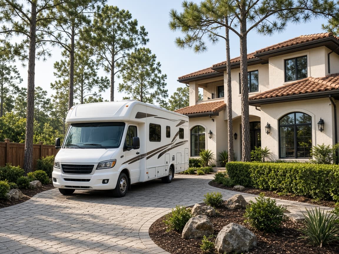 A residential driveway with a travel trailer in Leon County, Florida, no landmarks