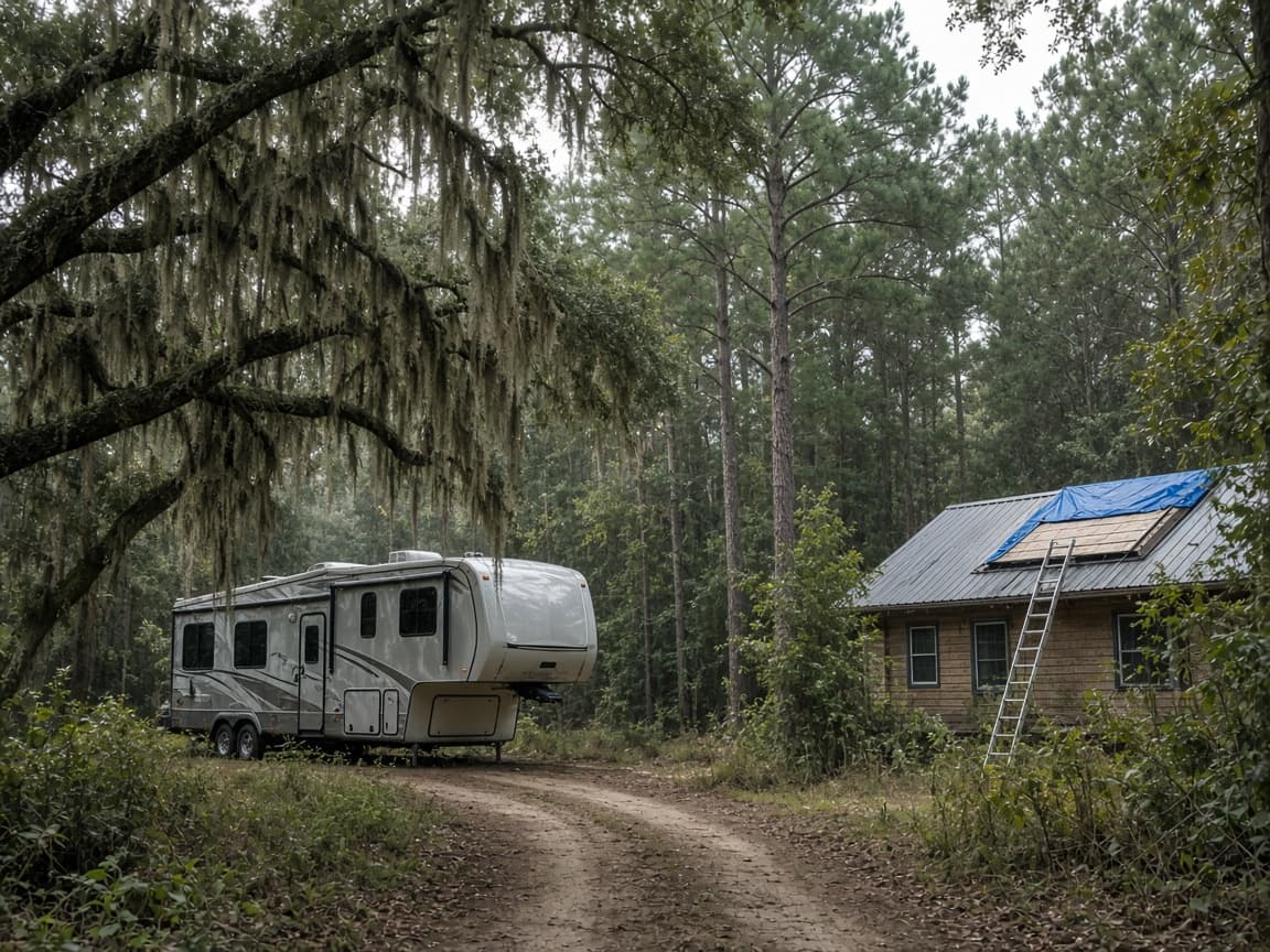 A residential driveway with a travel trailer in Liberty County, Florida, no landmarks