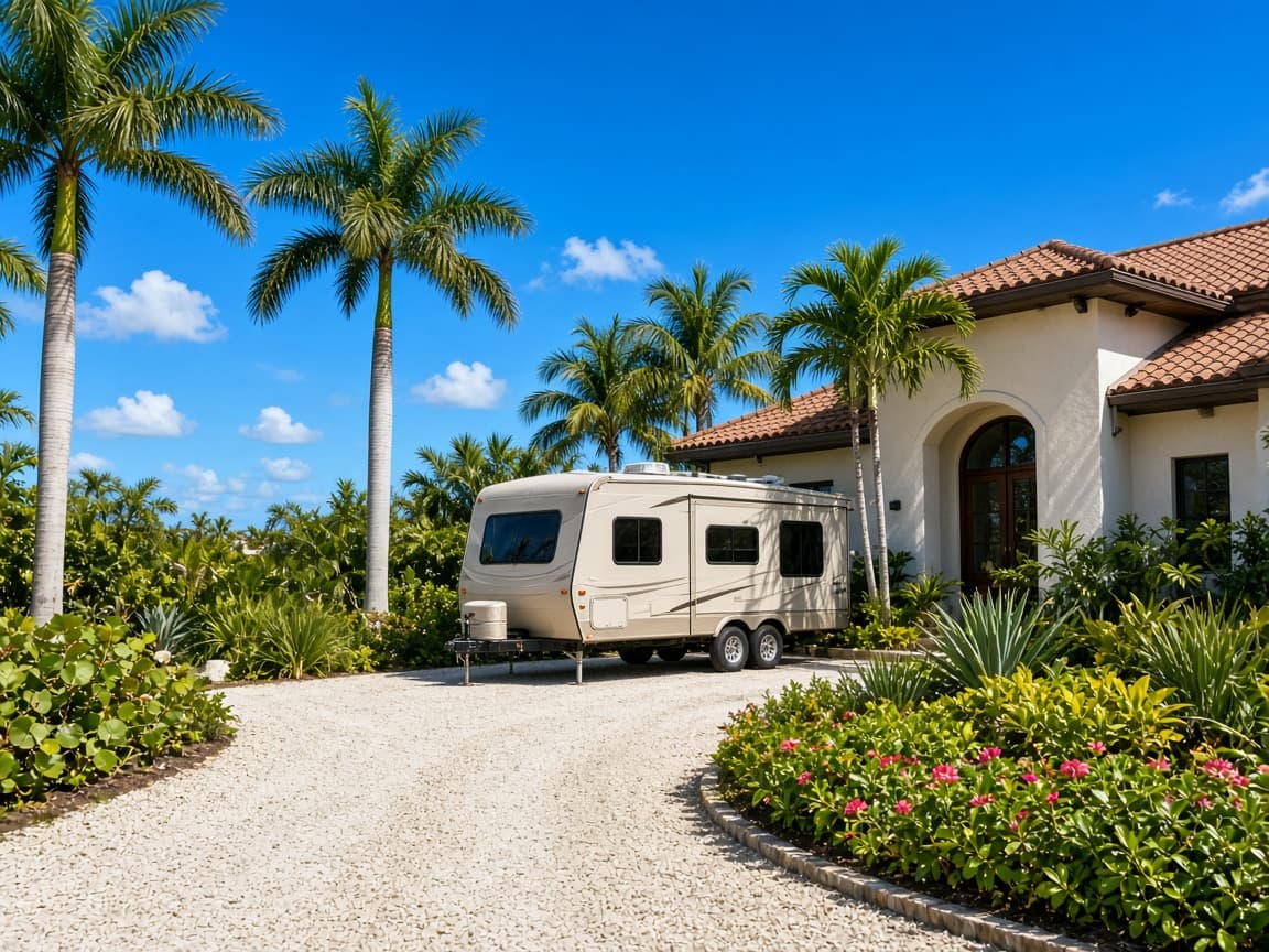 A residential driveway with a travel trailer in Manatee County, Florida, no landmarks