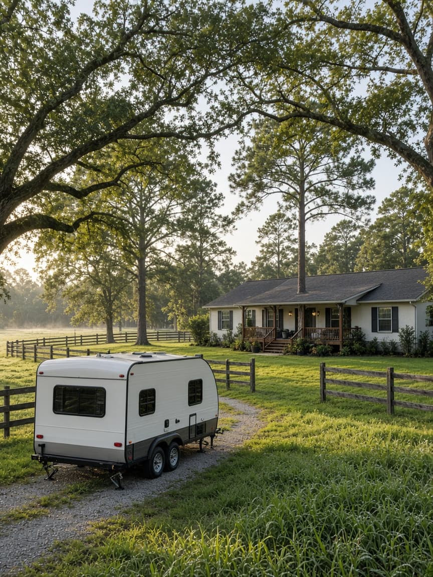 A residential driveway with a travel trailer in Marion County, Florida, no landmarks