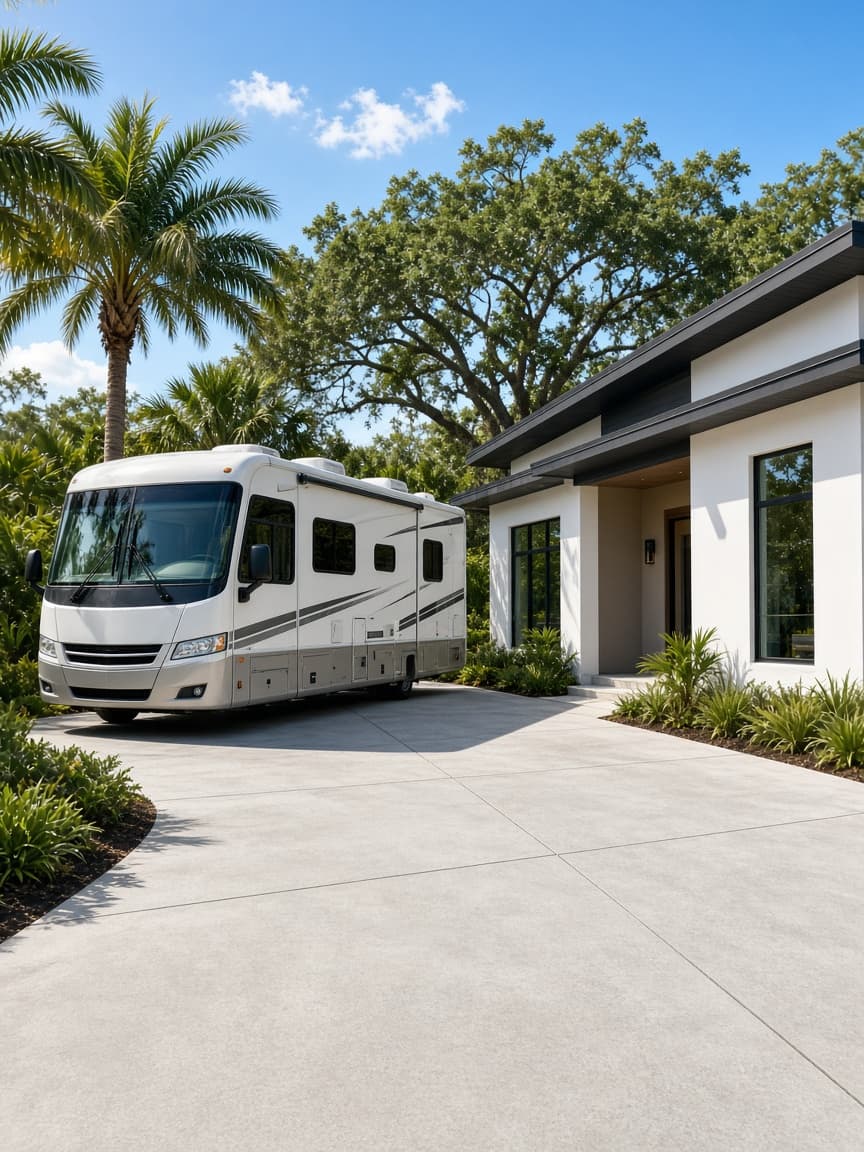 A residential driveway with a travel trailer in Orange County, Florida, no landmarks