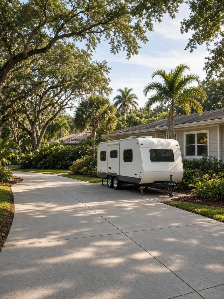 A residential driveway with a travel trailer in Osceola County, Florida, no landmarks